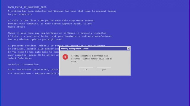 Classic blue screen of death error page fault in nonpaged area with memory management error popup window