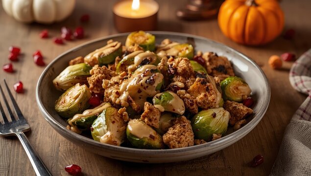 Salad with Brussels sprouts, maitake mushrooms, crumbled tofu, and spicy tahini dressing