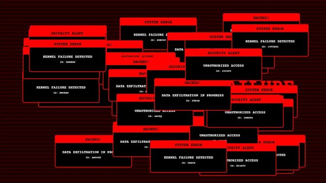 Multiple system error and kernel failure popup window cascading on black and red lines background