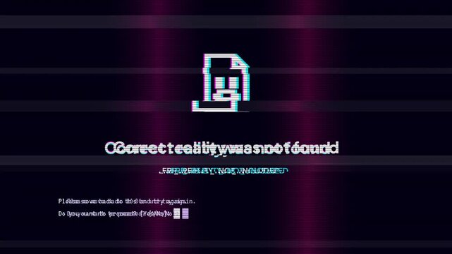 Correct reality not found error screen with pink neon glitch effect for sci-fi timeline concept video