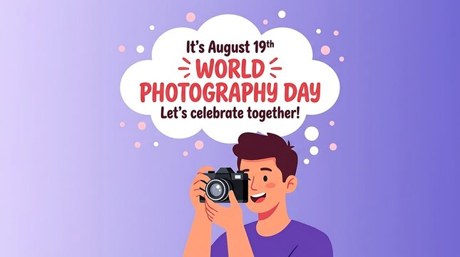 Happy young man holding a camera celebrating world photography day with excitement and joyful expression