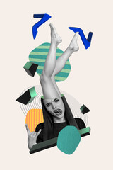 Naklejka premium Creative poster collage of funny female cut head choose heels sale summer vacation beach legs varicose problem barefoot feet