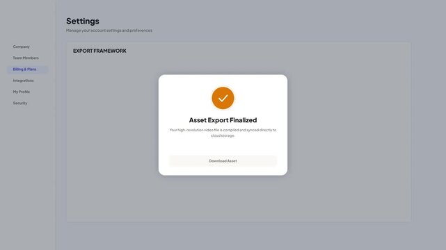 Asset export finalized notification popup with download button on setting layout background