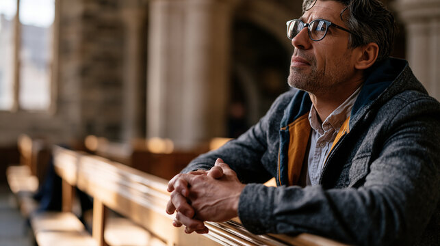 Middle-aged man sits alone on a chapel pew in a nearly empty stone church, hands loosely folded on the wooden rail ahead of him, expression open and uncertain rather than devout, afternoon light poo