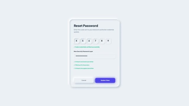 Reset password authentication form window interface showing credential token pin input code
