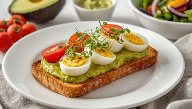 Savory avocado toast topped with a boiled egg, tomatoes, and microgreens on a white plate. Nutritious breakfast, keto-friendly, trendy cuisine.