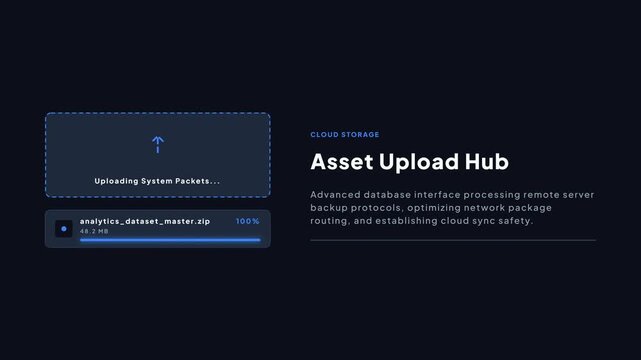 Asset upload hub interface with progress bar and cloud storage data information on dark blue background