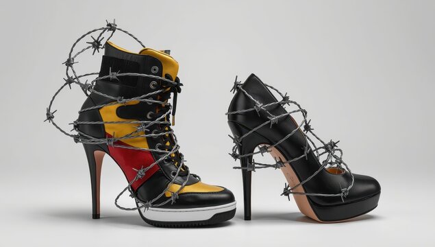 Sneaker and shoe bound with barbed wire against a white backdrop. Discomfort in footwear idea.