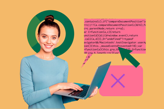 Collage of business man woman in front of abstract charts programming code symbolizing creative digital professions