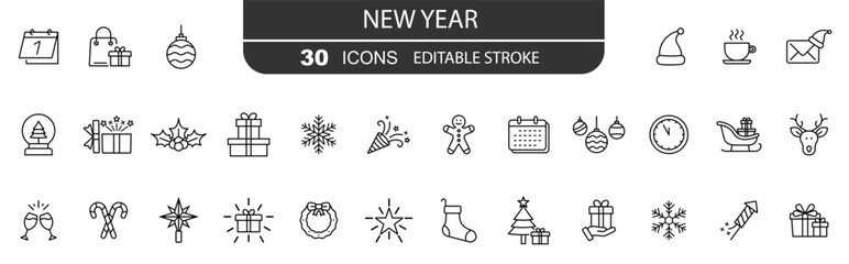 Obraz premium New year icon set. Happy New Year related icon collections. Fireworks, celebration, champagne, calendar, clock, gift, confetti.