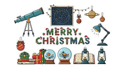 Celestial Christmas Celebration: A charming illustration combining astronomical elements with festive holiday decorations, featuring a telescope, constellation map, planets, and Merry Christmas text. © Ajm