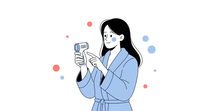 Woman in blue robe holding a digital thermometer, checking temperature, isolated on white background with colorful dots, vector illustration.