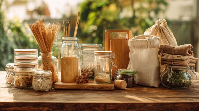 zero waste lifestyle essentials arranged beautifully on wooden table, reusable containers, glass jars, cloth bags, bamboo products, eco conscious