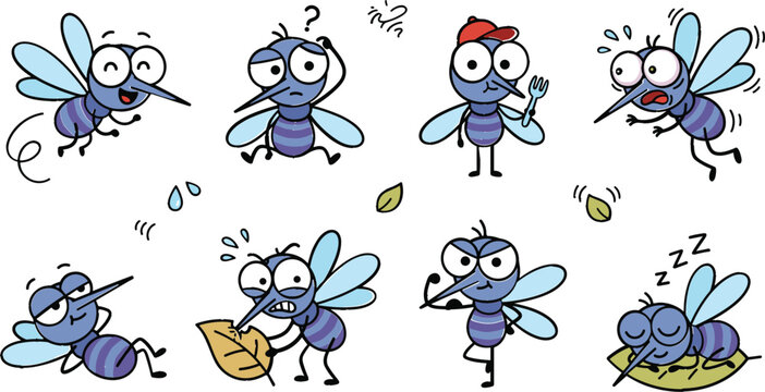Cute cartoon mosquito character expressions and emotions vector illustration set