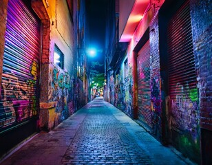 Obraz premium narrow alley with vibrant graffiti and neon lights during nighttime in urban cityscape street art urban culture city nightlife urban exploration alternative tourism photojournalism