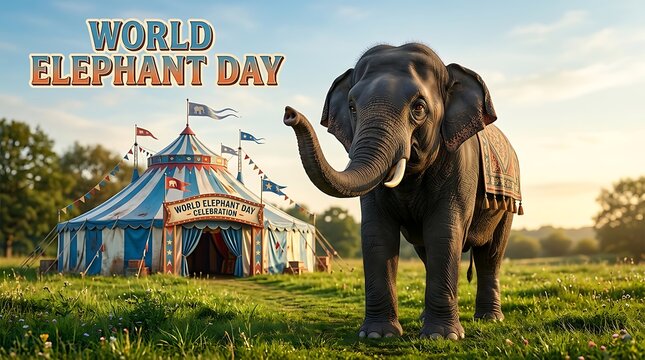 Majestic decorated elephant standing in front of a colorful circus tent during world elephant day celebration event