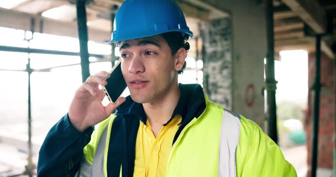 Phone call, man and engineer at construction site, talk or protocol for safety inspection. Mobile, architecture and person in conversation with contact for building compliance, development or project