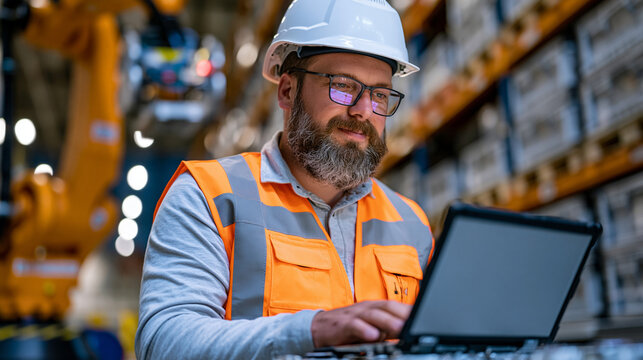Warehouse automation engineer commissioning a new autonomous picking system at blue hour, robotic arm calibrating to bin location coordinates, systems integrator reviewing API handshake logs on rugg