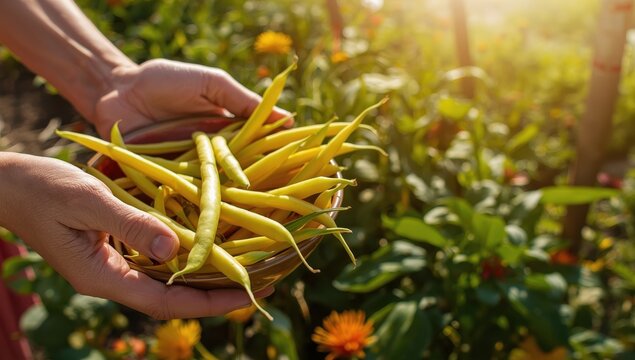A woman holds a bowl of freshly picked yellow string beans, with a summer vegetable garden behind her.
