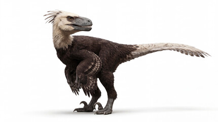 Fototapeta premium Utahraptor ostrommaysorum looking back over its shoulder in an alert posture, displaying accurate feathered anatomy and detailed scientific paleontological reconstruction isolated on white background