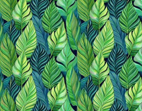 tropical leaves seamless pattern of philodendron selloum watercolor background hand drawn vertical striped green foliage with realistic plant texture nature indoor shrub garland for textile design