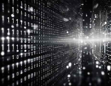 abstract binary code matrix wall in monochrome with bokeh background data and zero one numbers digital information technology and cybersecurity concept