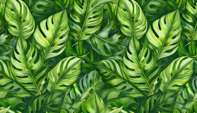 tropical leaves seamless pattern of philodendron selloum watercolor background hand drawn scattered green foliage with realistic texture nature indoor shrub garland for textile or paper design