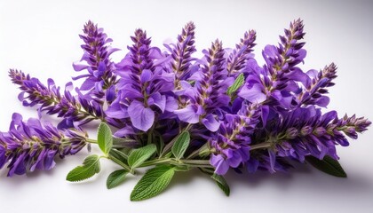 Fototapeta premium Full Bloom Clary Sage Herb Flowers With Refined Purple Shade On White Background