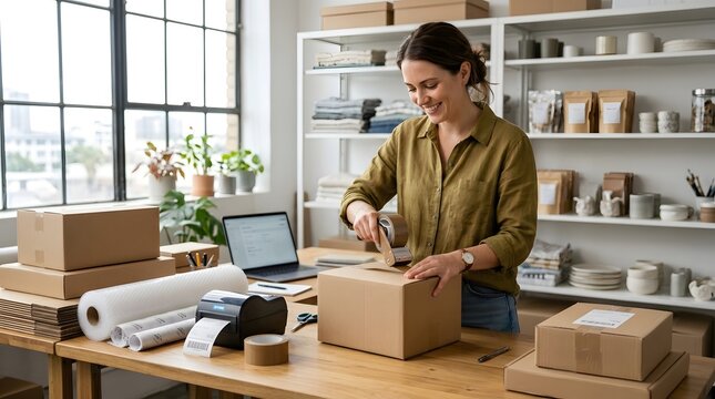 A smiling woman is carefully packing an order into a shipping box, ready for dispatch. She is in her workshop surrounded by shelves filled with products and packaging supplies.