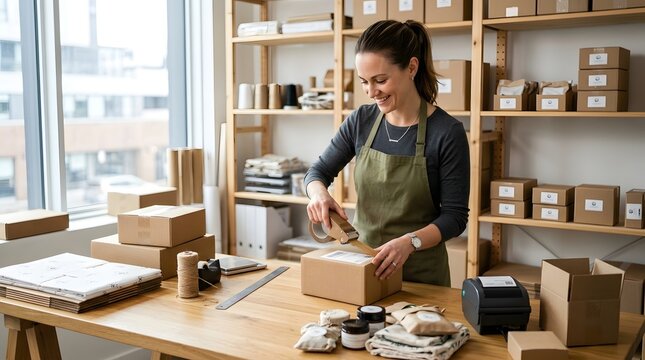 A smiling woman is packaging a parcel in a home office. She's wearing an apron and has boxes and packing materials around her