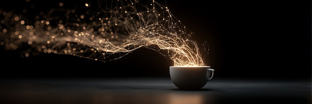 Ceramic coffee cup with glowing digital data stream flowing upward into abstract network of golden nodes and connections against a dark minimalist studio environment