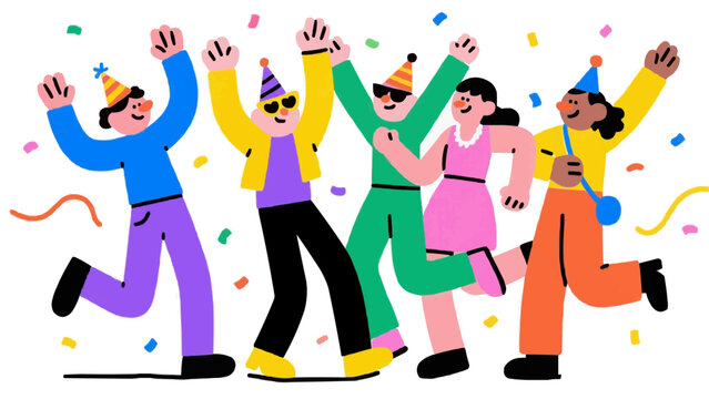 Happy Friends Dancing and Celebrating Party with Confetti Illustration Graphic For T Shirt