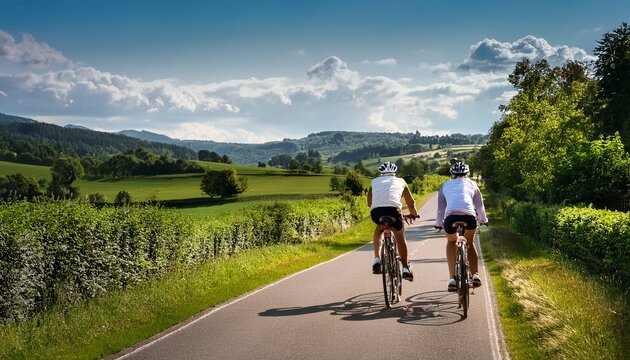 two individuals riding bicycles are seen cycling down a scenic country road in lush greenery and rolling hills of the european landscape