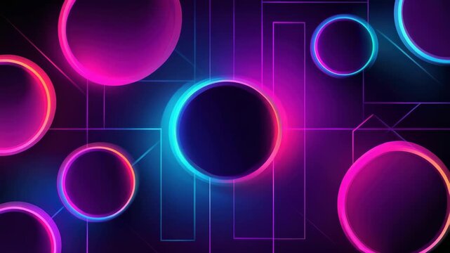 Moving circles of different colors fill the screen in a digital design. They appear to change size and position in a dark setting. This design showcases bright colors in a playful manner