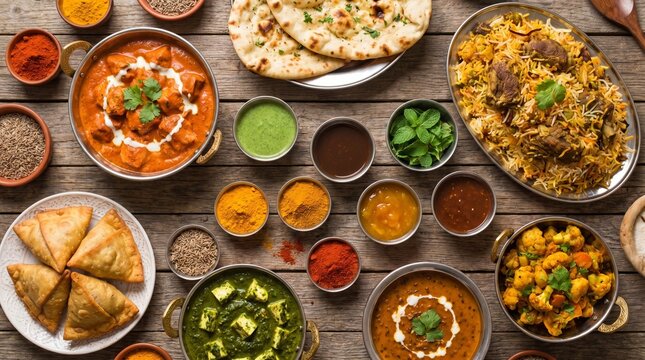 Indian food feast with butter chicken, tikka masala, samosas, naan bread, and biryani on a rustic wooden background