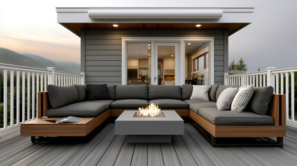 Obraz premium Modern outdoor patio with gray sectional sofa, fire pit, wooden deck, and mountain view creates cozy, inviting atmosphere for relaxation