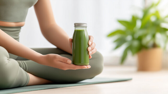 Fit female hand holding spirulina drink bottle while sitting on yoga mat in a bright room with green plant in the background
