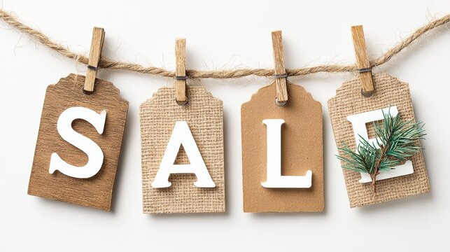 A festive holiday scene with jute and burlap tags displaying the word SALE hanging from a rope against a white background. The tags are adorned with a green plant.
