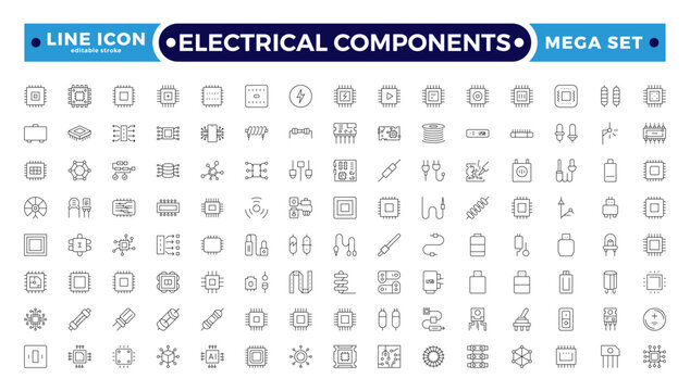 Electrical Components Outline Icon Set with Battery, Bulb, Fuse, Switch, Transformer, Capacitor, Resistor, Diode, and Transistor Components for Electronics. Editable stroke outline icon.