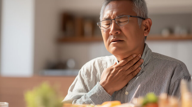 Middle-aged man experiencing choking during a meal at home, illustrating a medical emergency, first aid awareness, airway obstruction, health risks, and emergency response concepts.