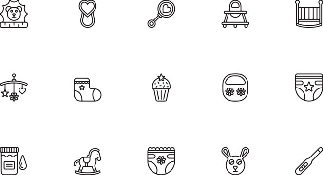 Baby Accessories, Toys and Feeding Line Icons