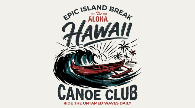 Beach club. Hawaii canoe club vintage print. Endless summer artwork. Tropical island adventure. Ride the waves.
