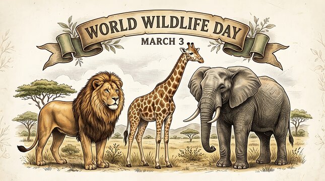 Colorful illustration of wild animals celebrating world wildlife day with banner and date