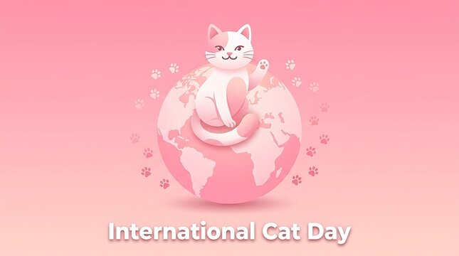 Cute cartoon cat sitting on a globe with paw prints for international cat day celebration