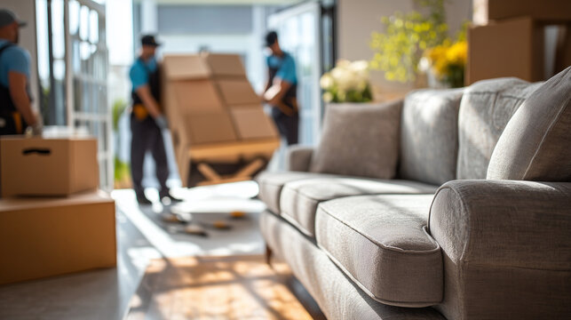 Professional movers carrying furniture into a modern home. Ideal for relocation, moving services, logistics, home delivery, real estate and residential moving concepts.
