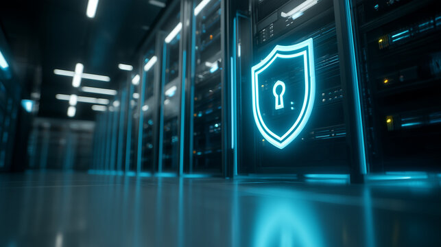 Secure server infrastructure with glowing cybersecurity shield icon. Concept of network protection, cloud security, data privacy, cyber defense and enterprise IT security.