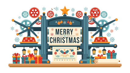 Christmas Greeting Machine: An imaginative, colorful illustration depicts a whimsical machine printing Merry Christmas greetings with festive holly and snowflakes, surrounded by gift boxes. © Ahsan