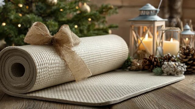 Yoga mat rolled with burlap bow gift for Christmas fitness wellness concept on rustic wooden table with festive lantern and pine cone decoration