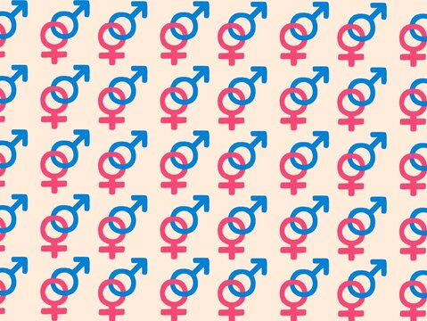 Seamless pattern featuring interlocked male (blue) and female (pink) gender symbols on a beige background. The male symbol consists of a circle with an arrow pointing up and to the right, while the fe