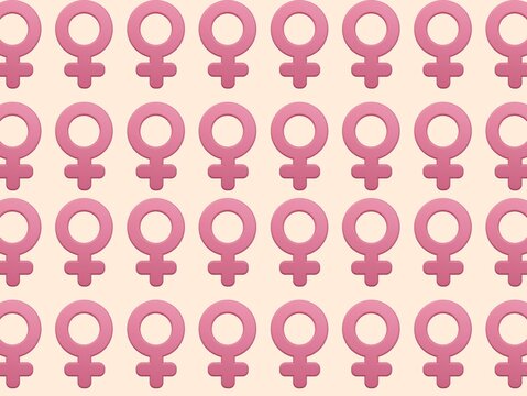 Repeating pattern of the Venus symbol, representing the female gender, displayed in pink on a pale background. Symbols are evenly spaced in rows, creating a uniform, grid-like arrangement. The design 